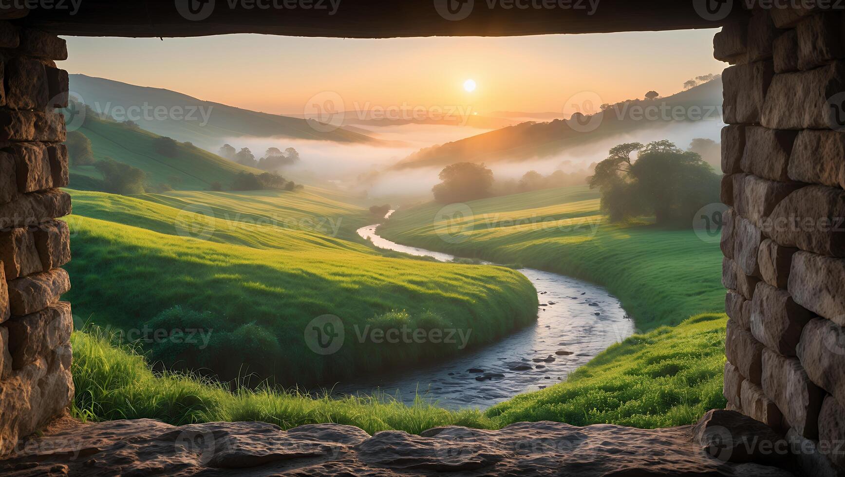 Green Valley River Landscape at Sunrise photo