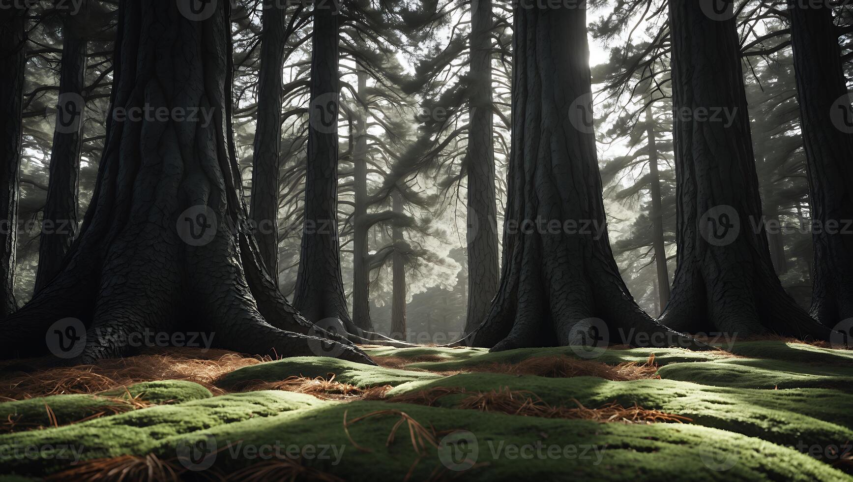 Forest View with Tall Trees and Green Moss Landscape photo
