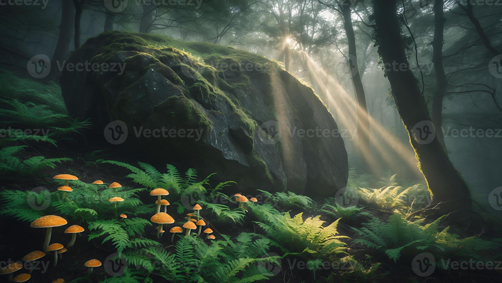 Mushroom and Rock in Misty Forest with Sunlight photo