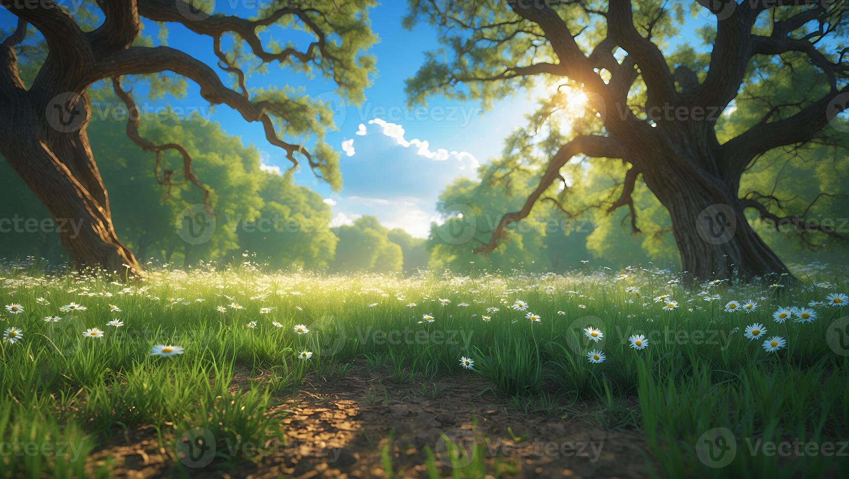 Beautiful Meadow with Daisies and Trees on a Sunny Day photo