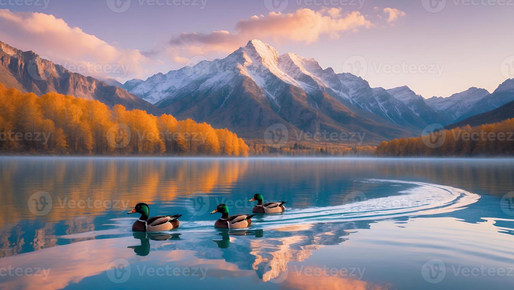 Duck Swimming in Lake with Mountain Background photo