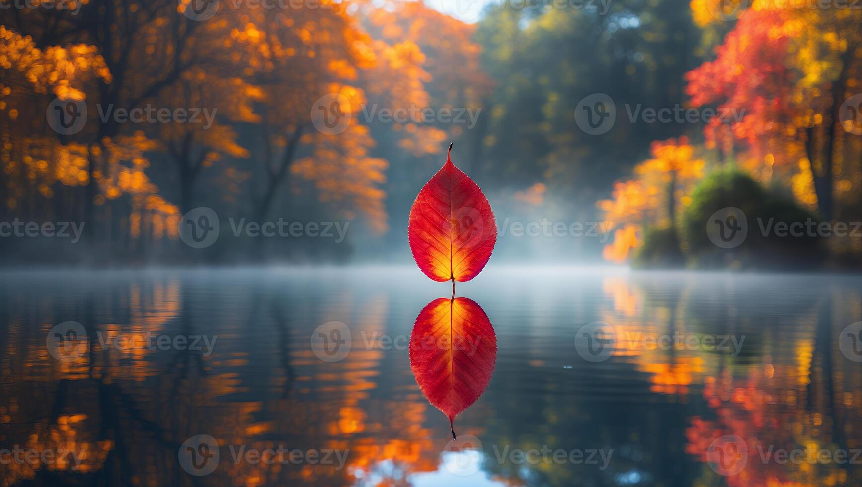 Red Leaf on Lake with Autumn Trees Reflection photo