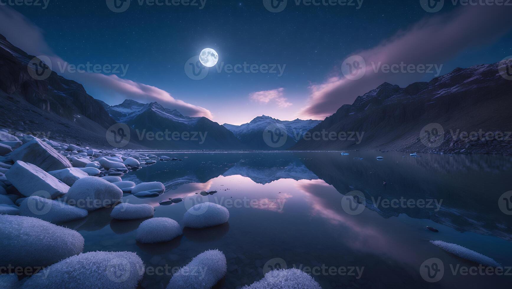 Mountain Lake Under Moonlight with Reflection photo