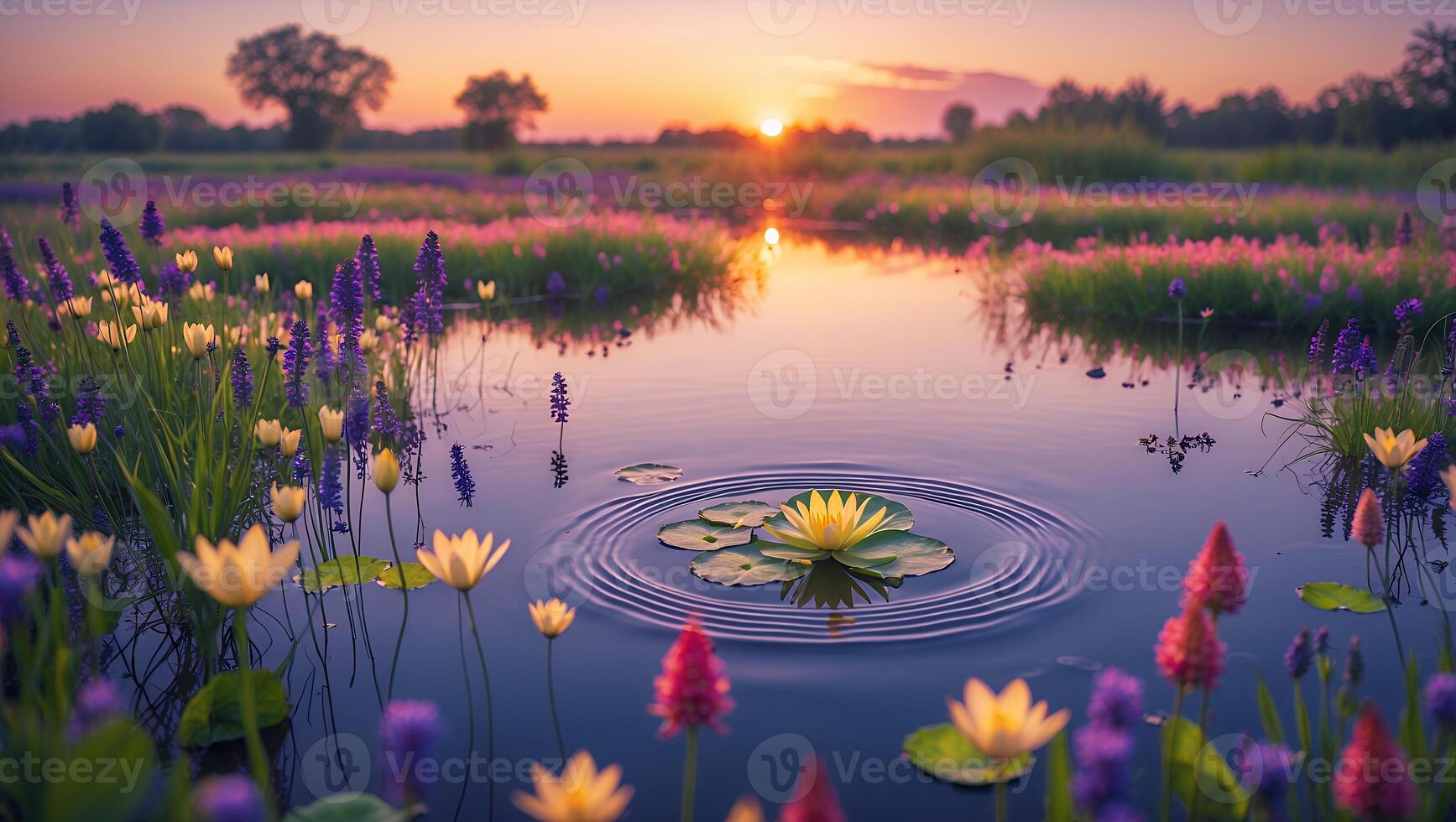 Water Lily in Pond at Sunset Landscape photo