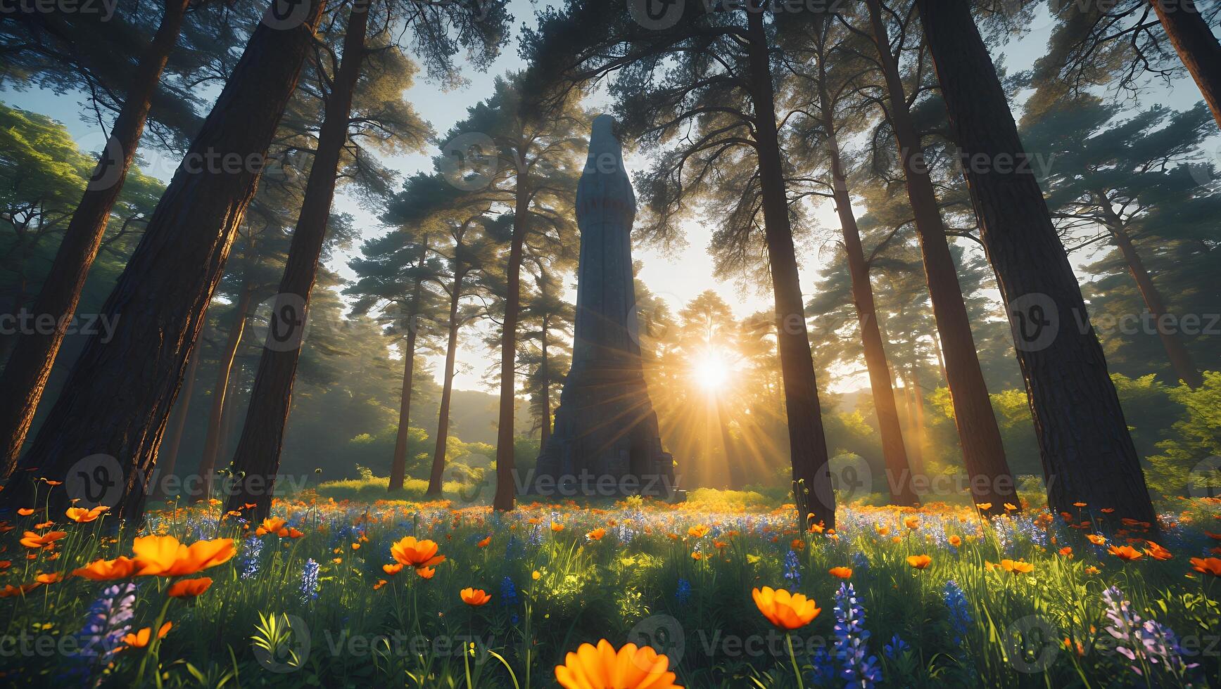 Monument in Forest Clearing with Wildflower Meadow photo