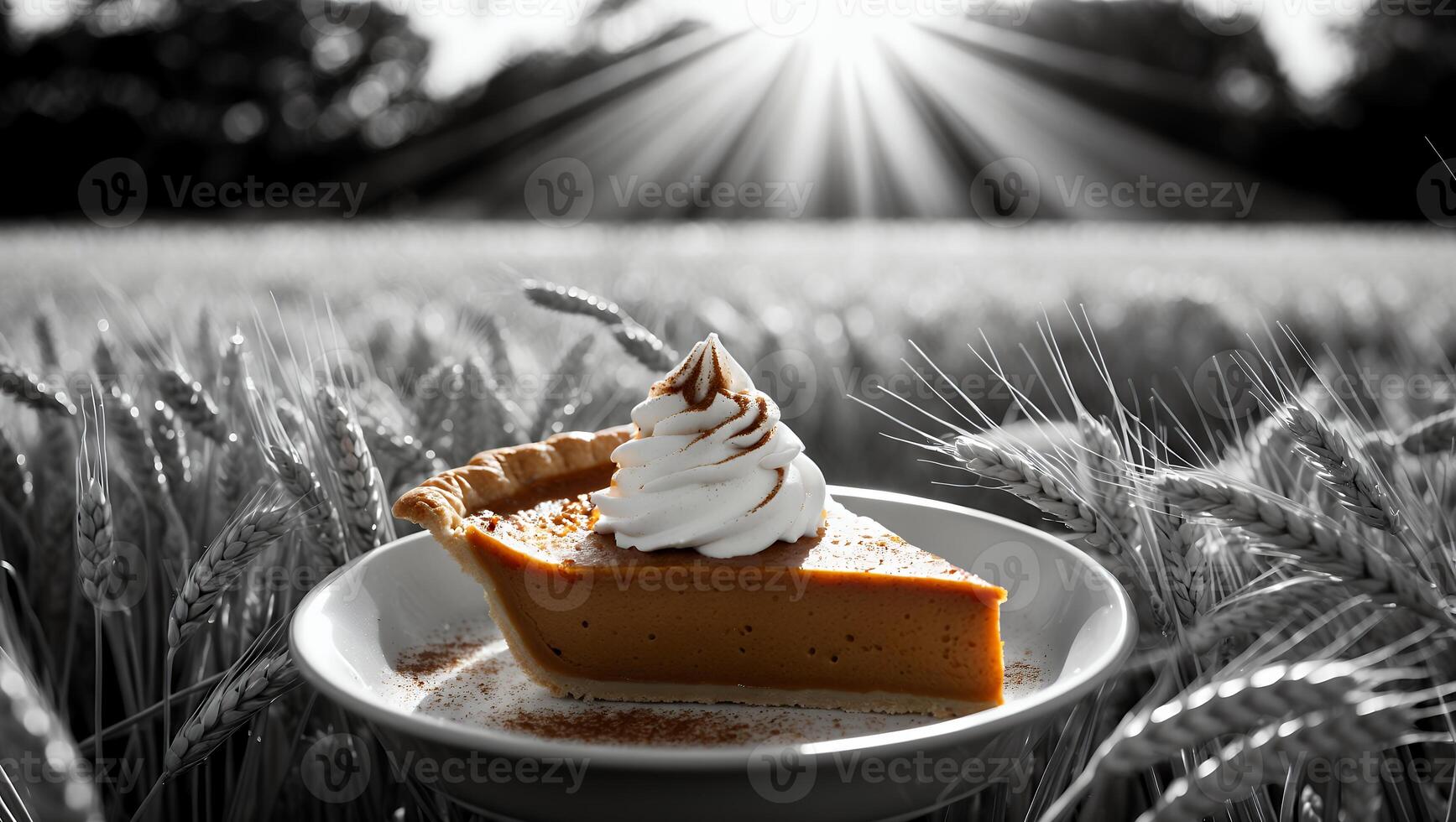 Pumpkin Pie Slice with Whipped Cream in Wheat Field photo