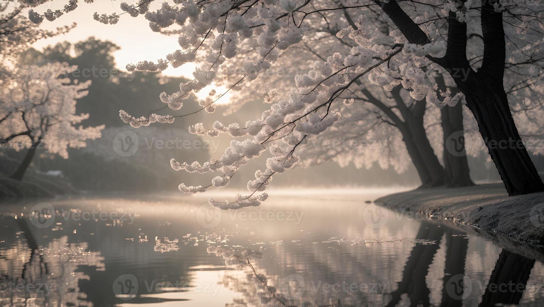 Cherry Blossom Tree by Lake at Dawn in Springtime photo