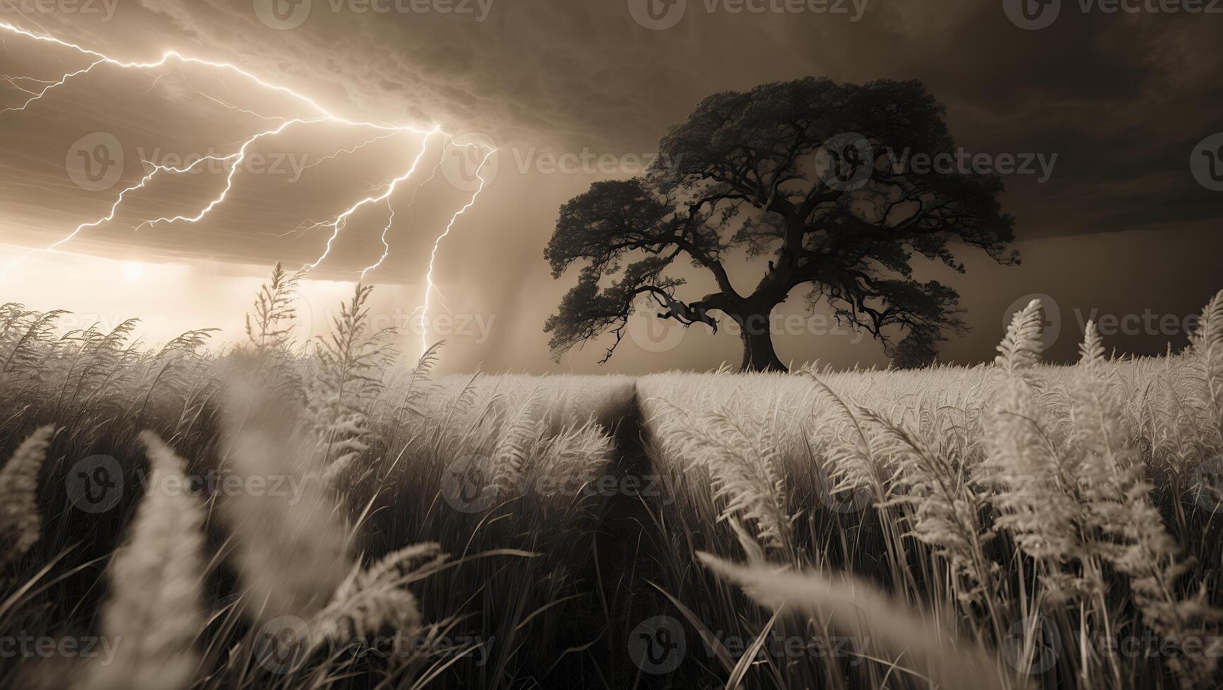 Tree Struck by Lightning in Field During Storm Landscape photo