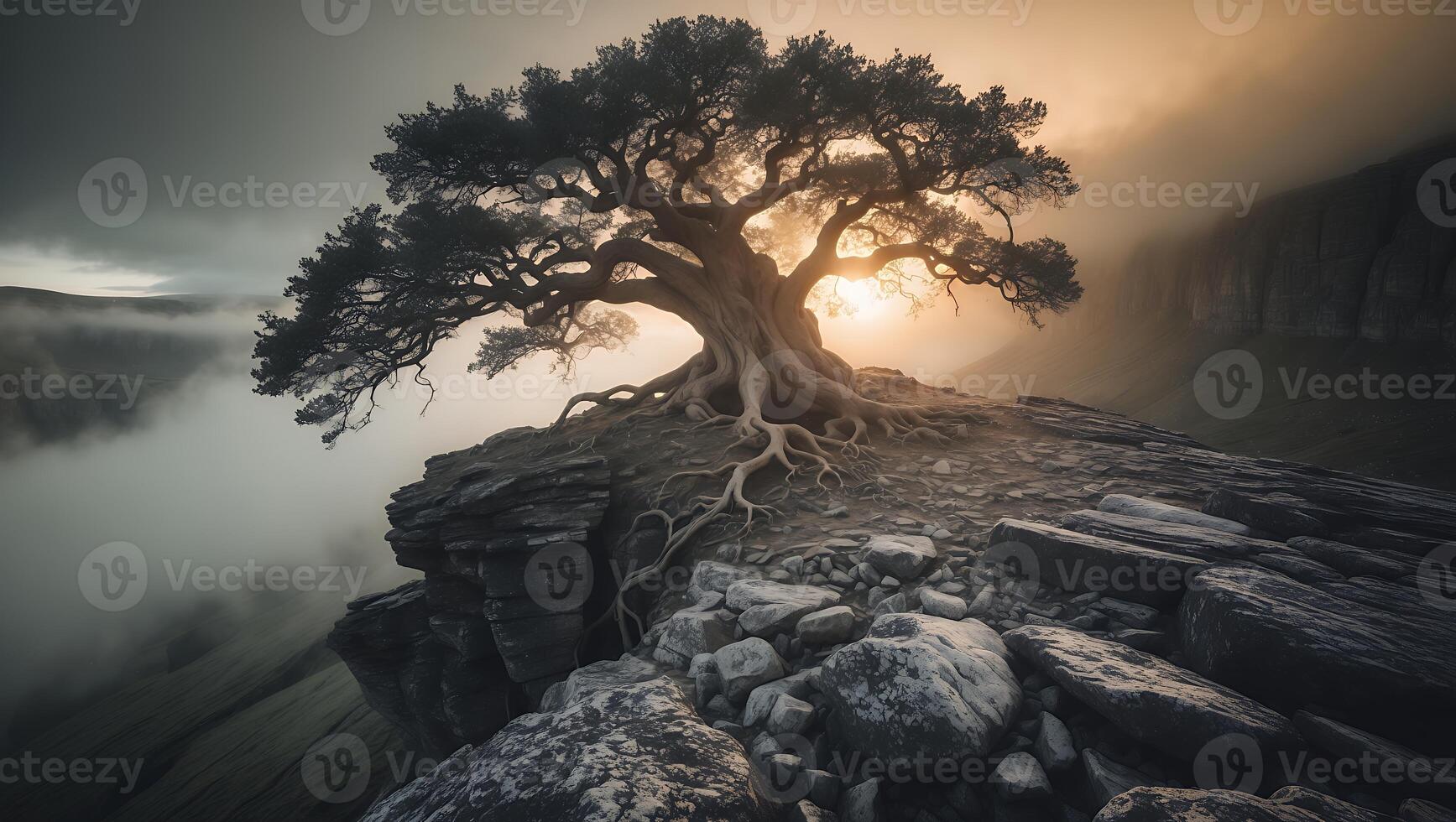 Tree on Cliffside Above Clouds in Foggy Landscape photo