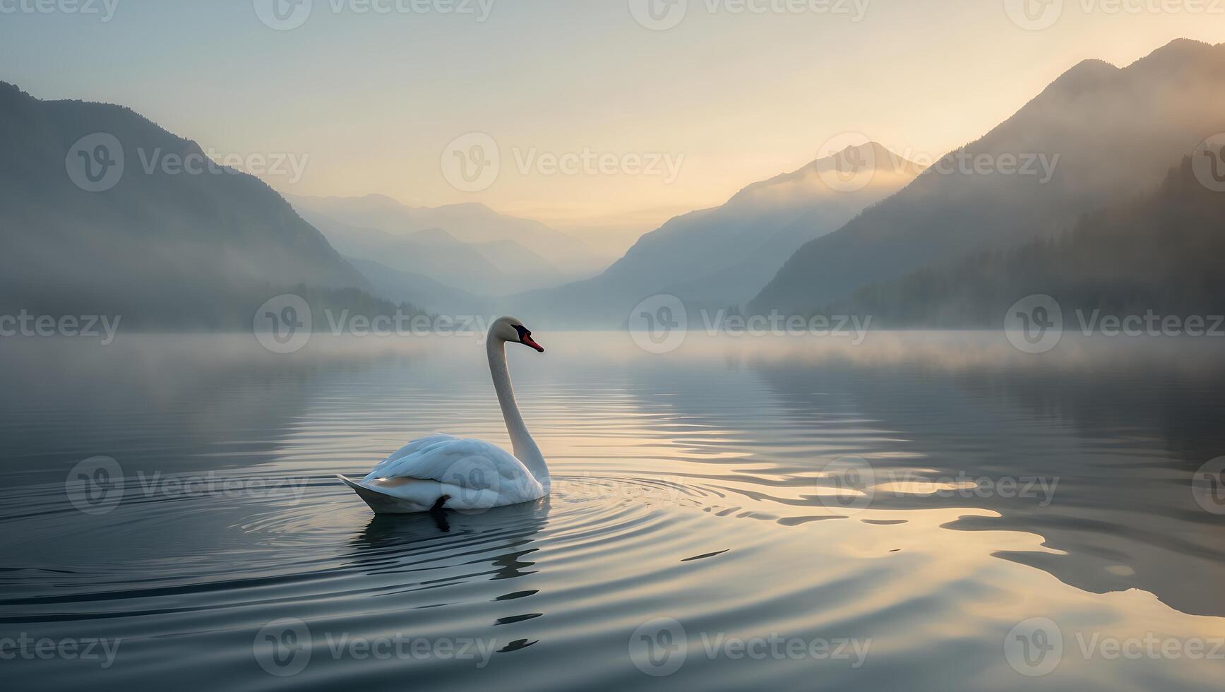 Swan on Lake with Mountains in Background photo