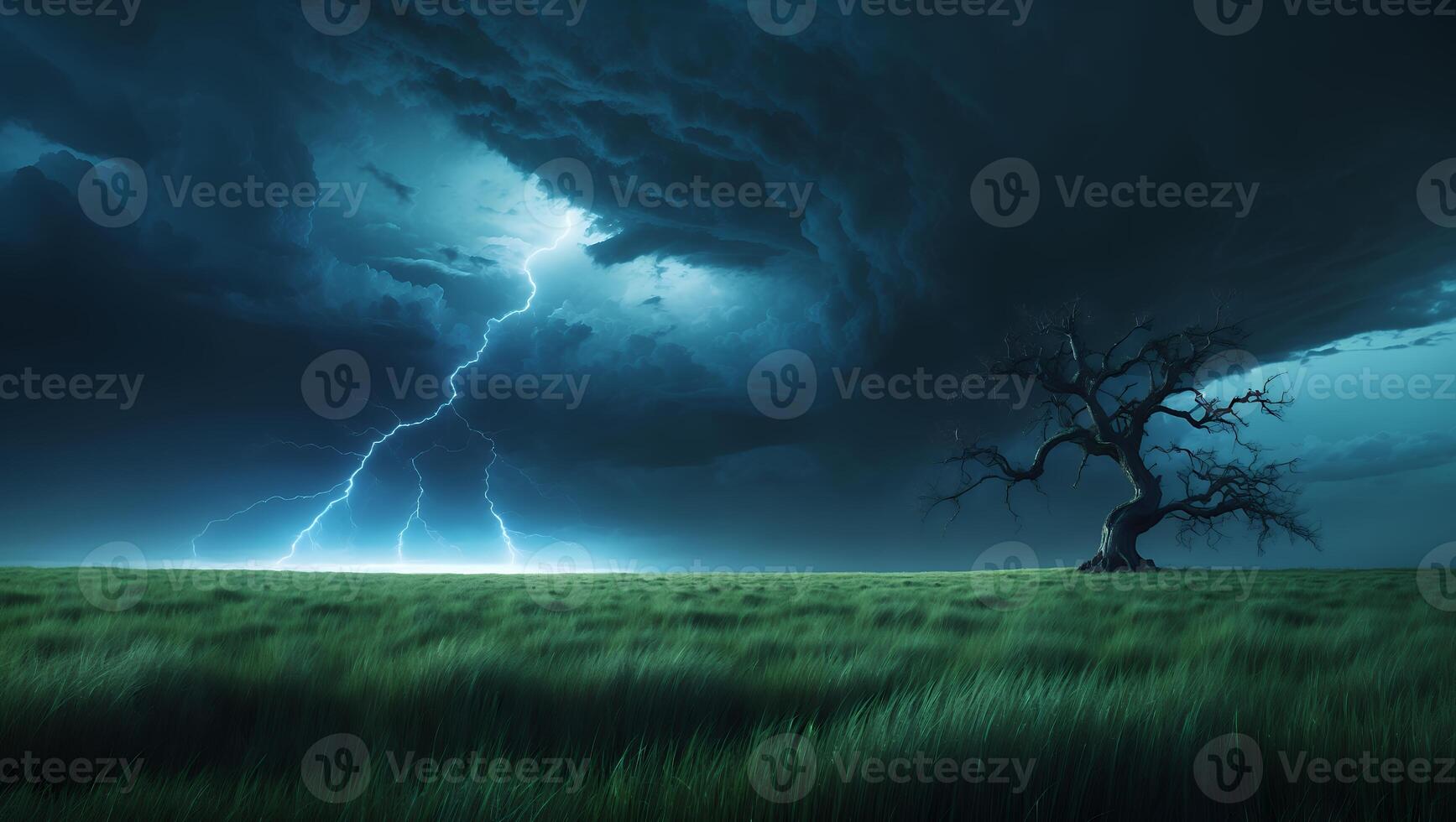 Lightning Storm Over Grassy Field with Lone Tree photo