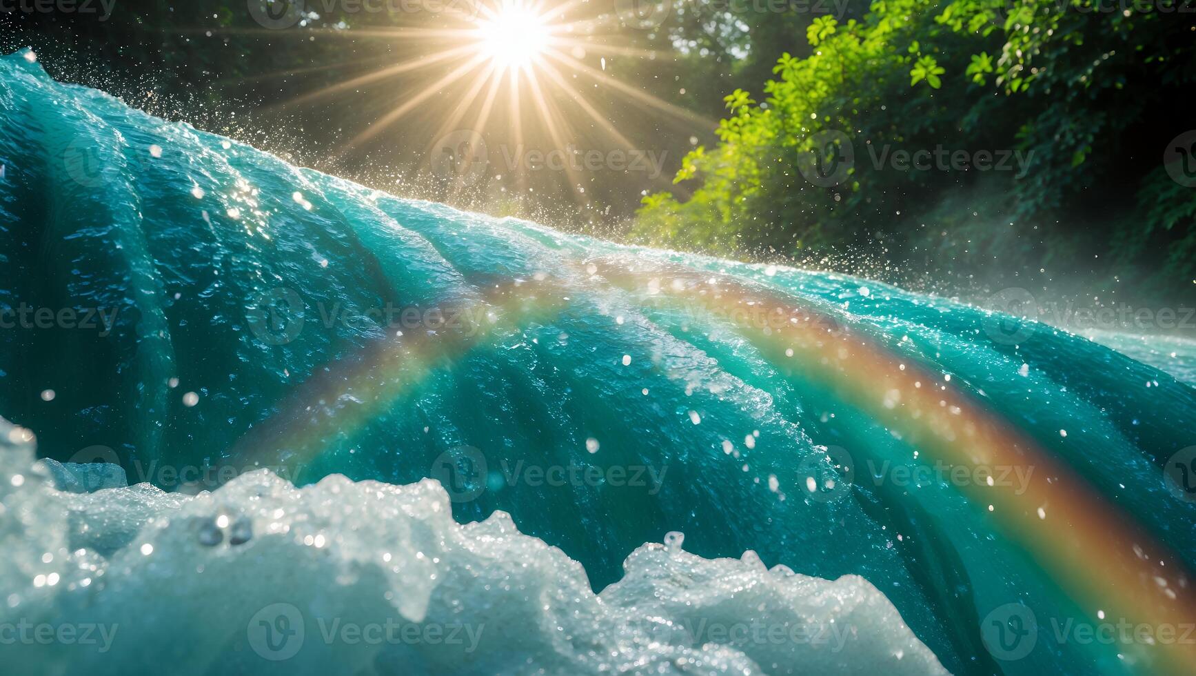 Waterfall with Rainbow and Sunlight Through Trees photo