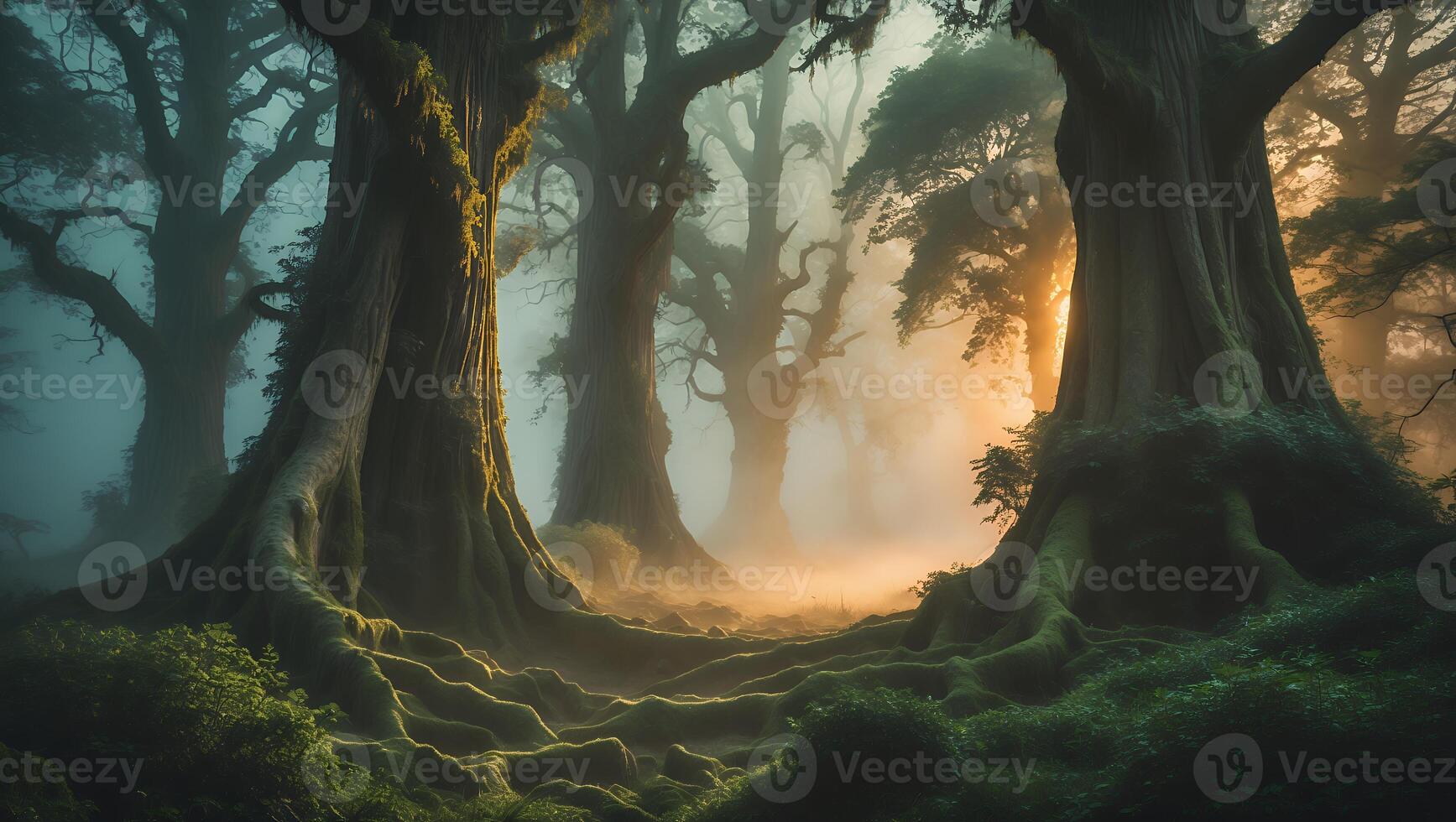 Misty Forest Landscape with Large Trees and Mossy Roots photo