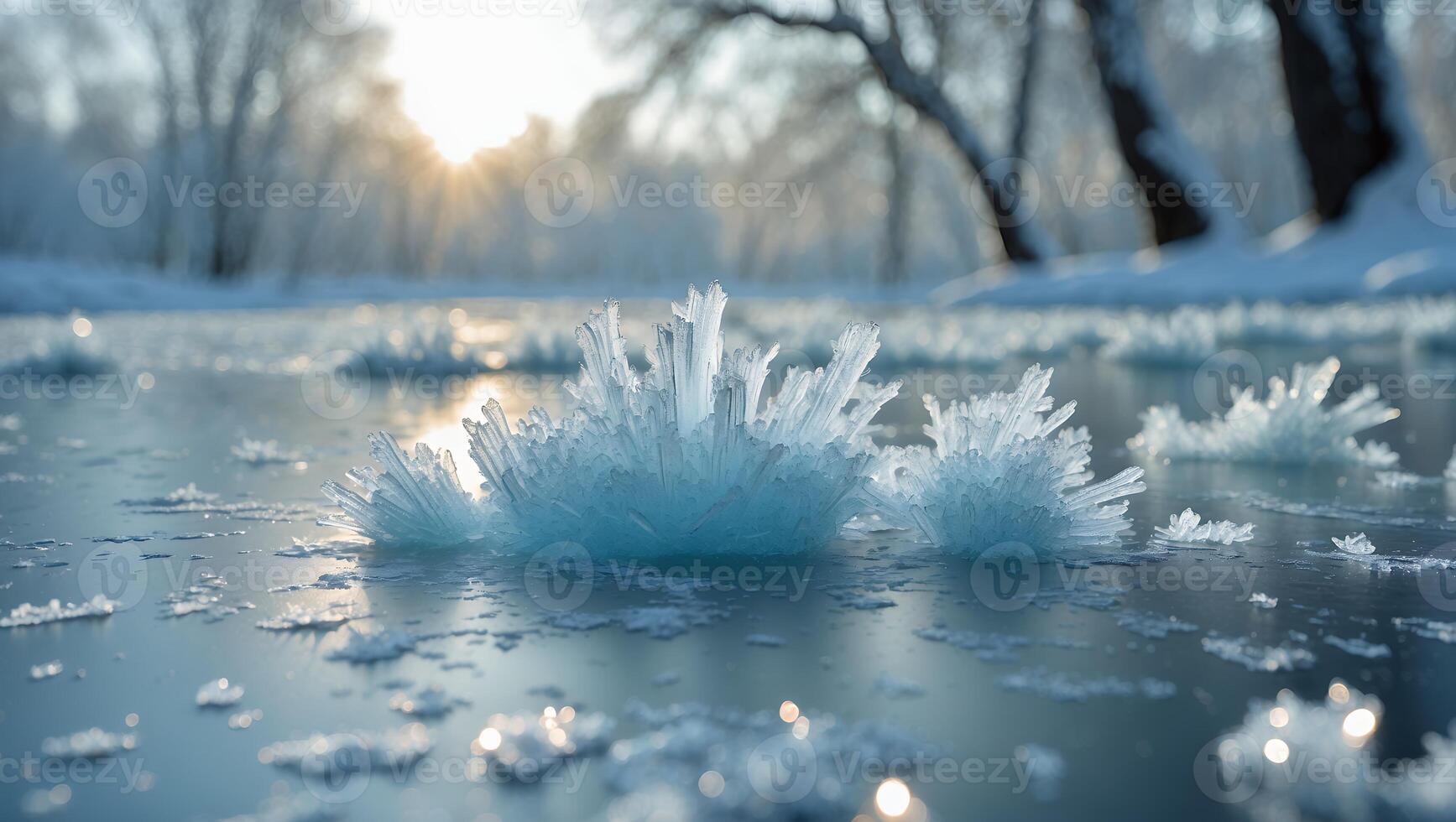 Ice Crystal Formation on Frozen Lake During Winter photo