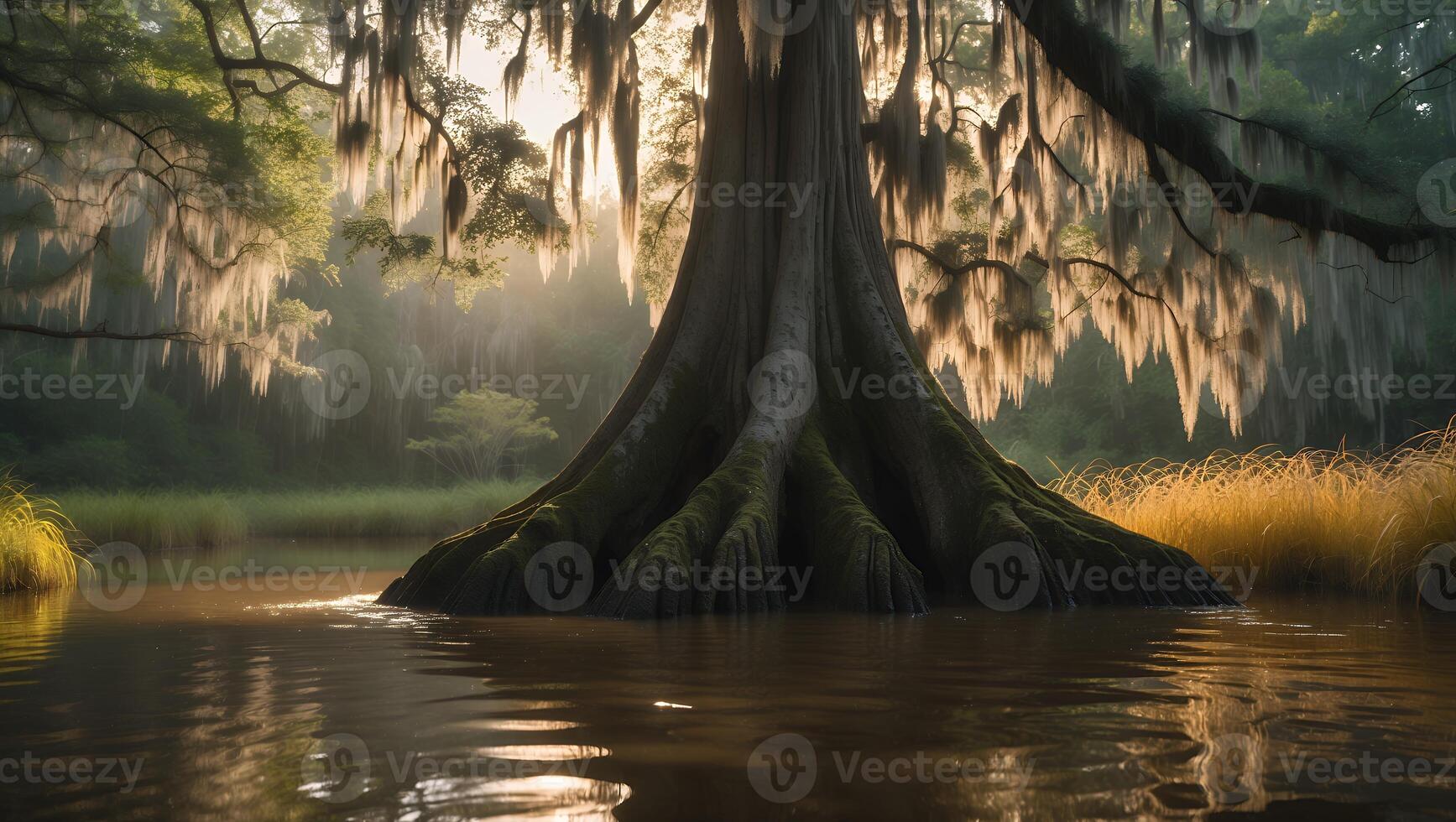 Cypress Tree in Swamp with Spanish Moss photo
