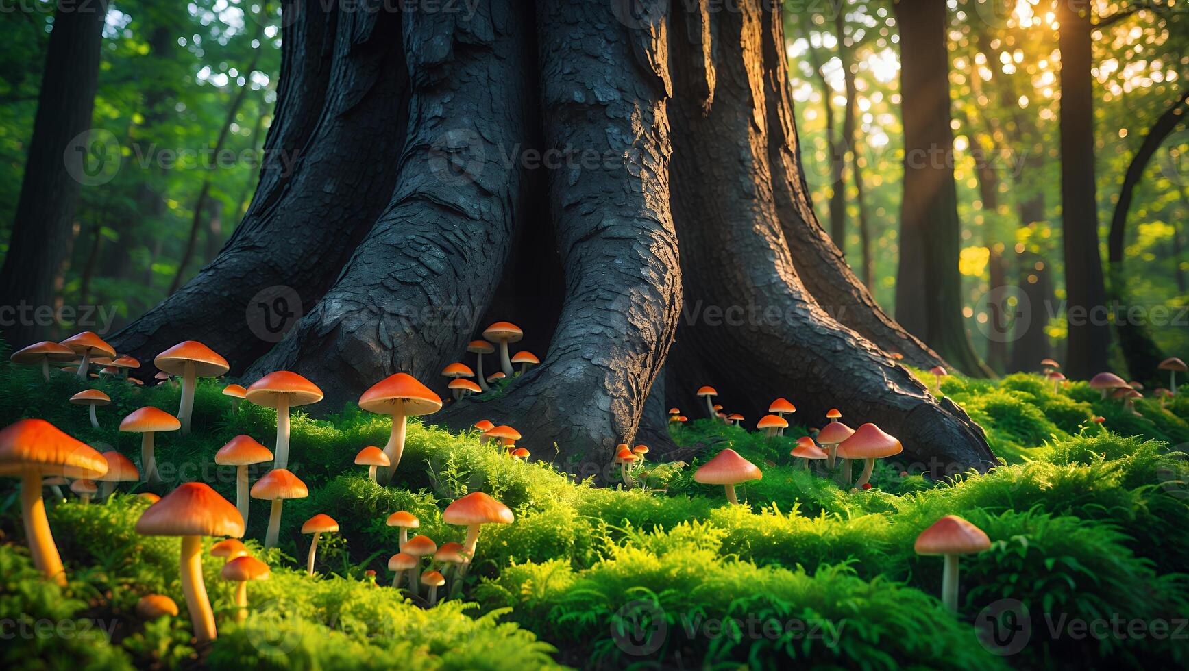 Mushroom Beneath a Tree in a Green Forest photo