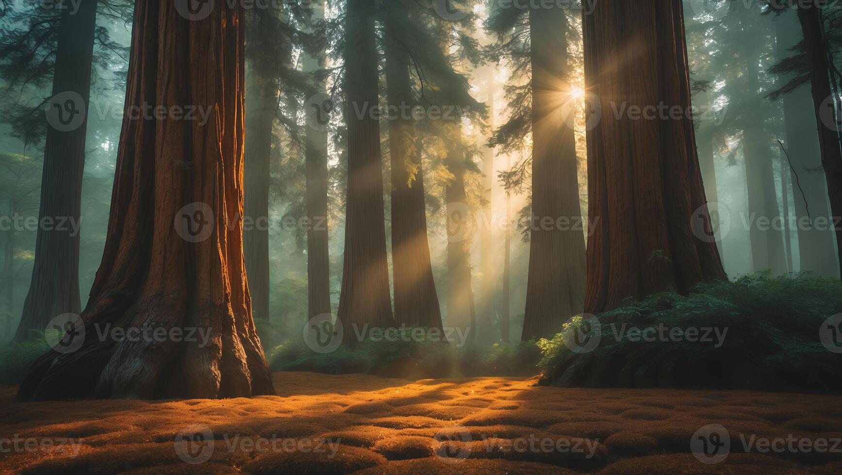 Sunlit Sequoia Forest with Fog and Mossy Ground photo