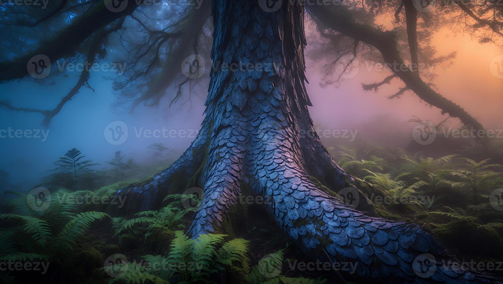 Tree in Foggy Forest Scene photo