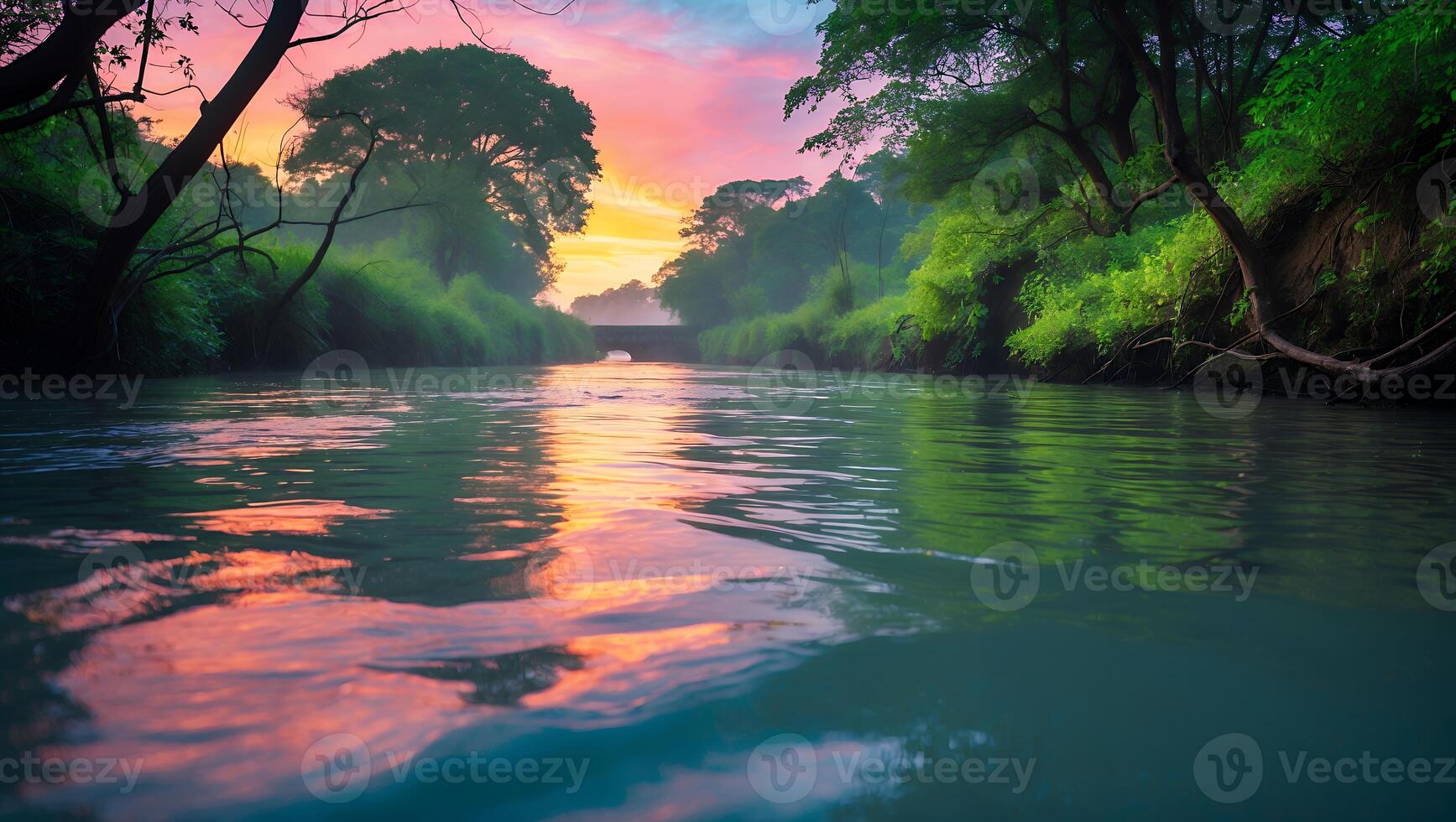 A river with water flowing through it at sunset photo
