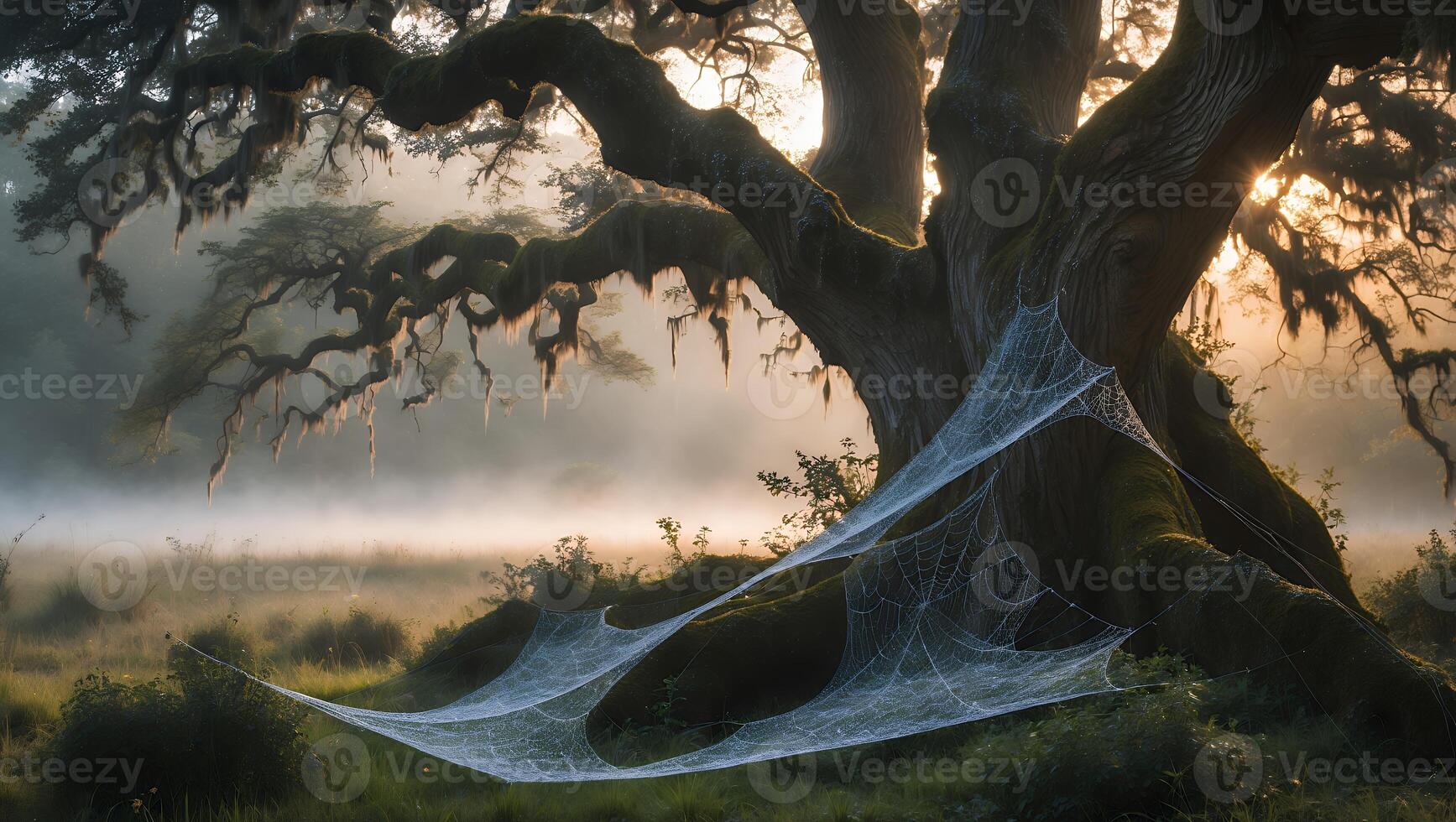 Large Tree with Cobweb in Foggy Field Landscape photo