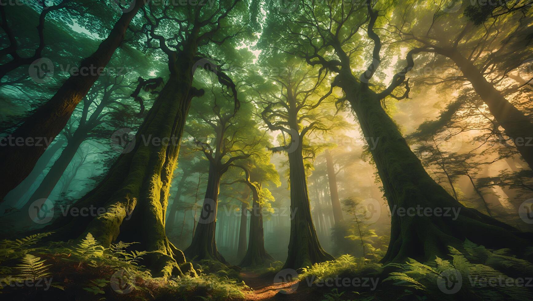 Forest with Tall Trees and Foggy Path photo