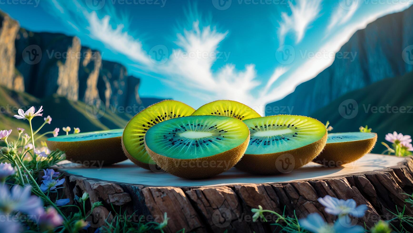 Kiwi Slices on Log with Mountain and Sky Background photo