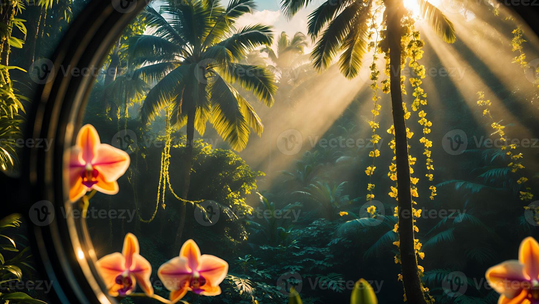 Lush Tropical Forest with Sunlight and Orchids in Window View photo