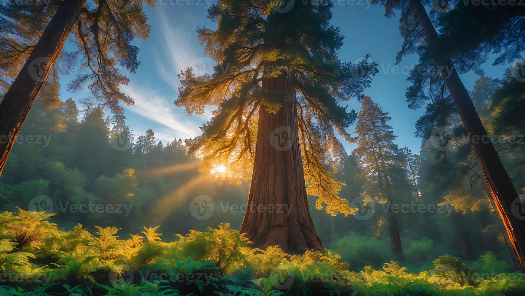 Giant Sequoia Tree in Forest with Sun Rays photo