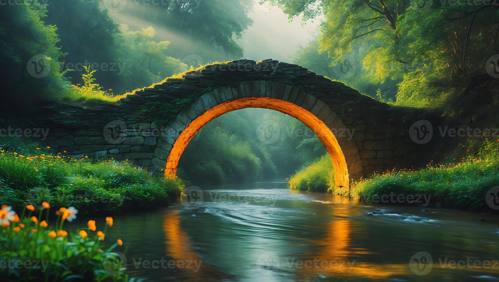 Stone Bridge Over River in Forest with Sun Rays photo