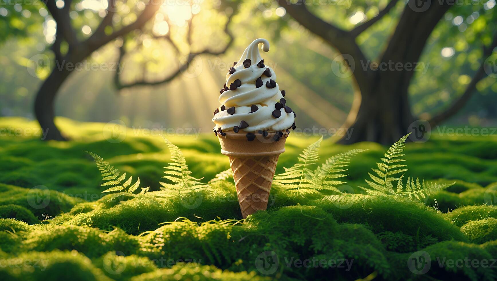 Ice Cream Cone with Chocolate Chips in a Lush Green Forest photo