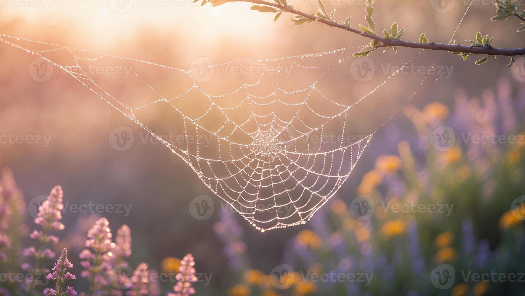 Spider Web with Dew Drops in Flower Garden photo