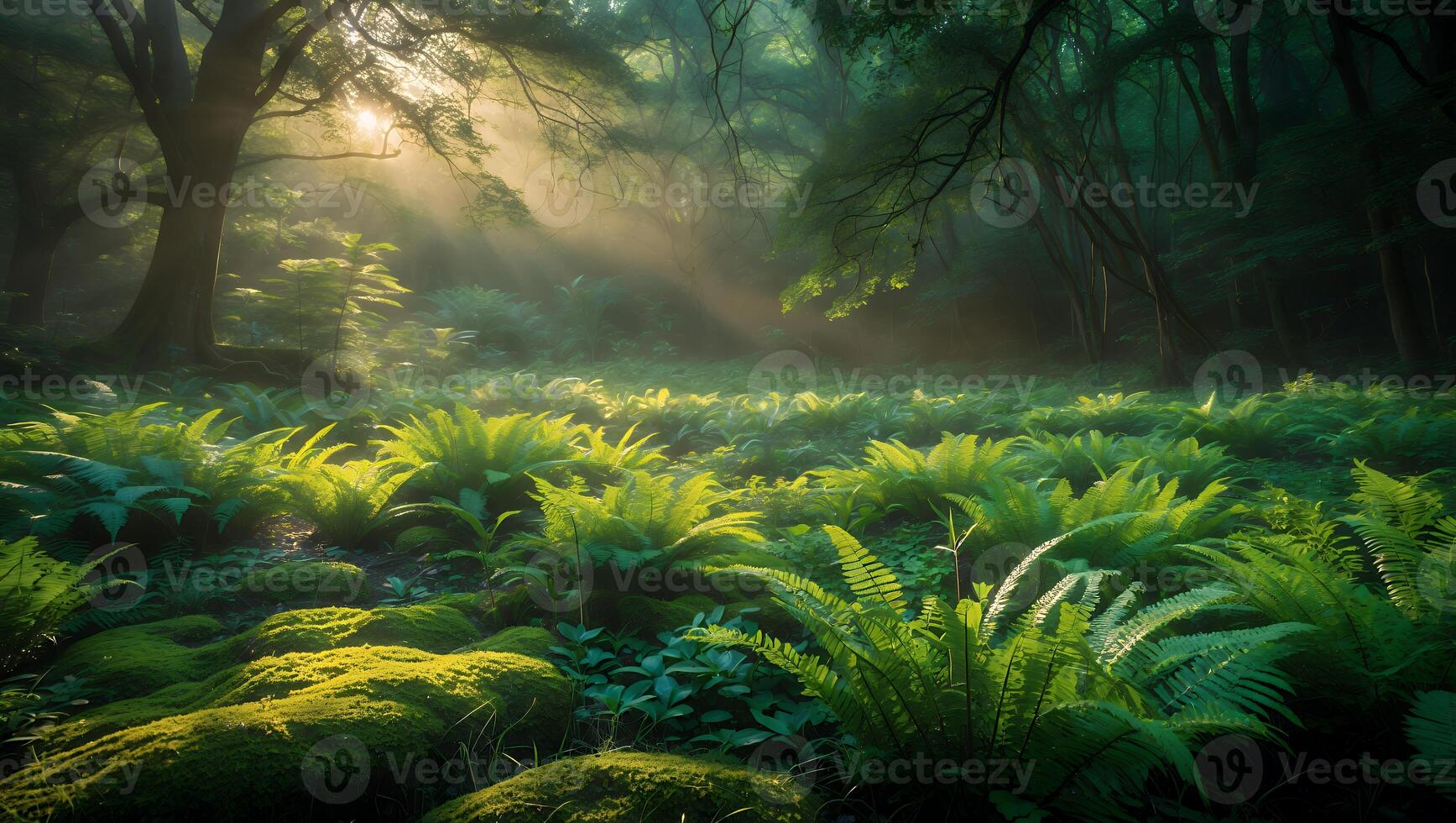Lush Ferns and Moss Illuminated by Sunlight in Forest photo