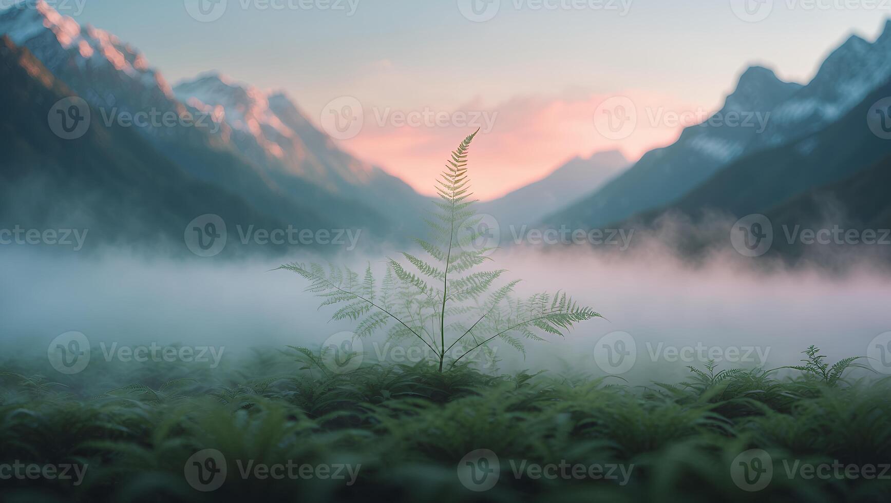 Fern on Mountain with Fog Landscape Background photo