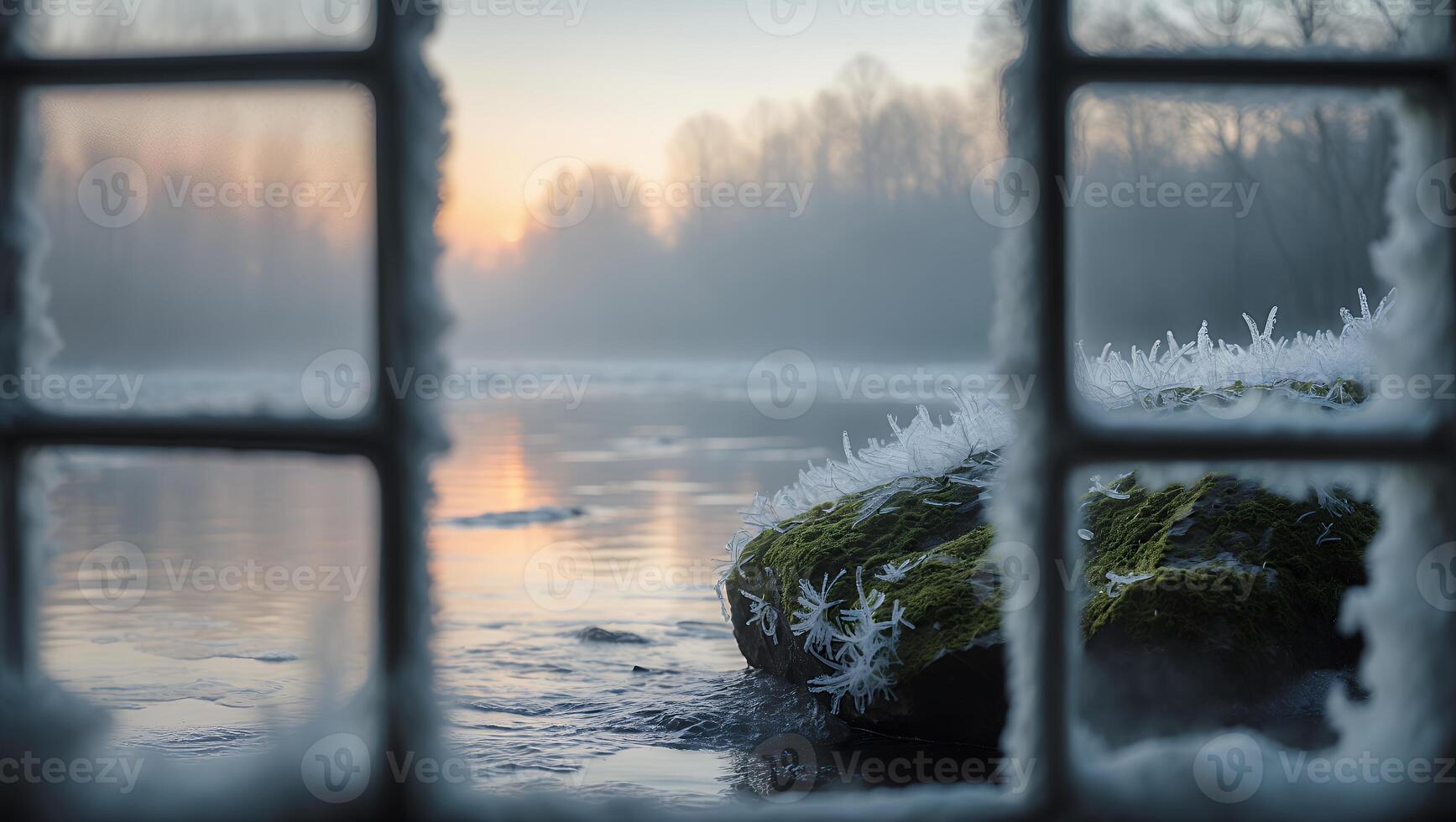 Frozen Window View of River Landscape in Winter photo