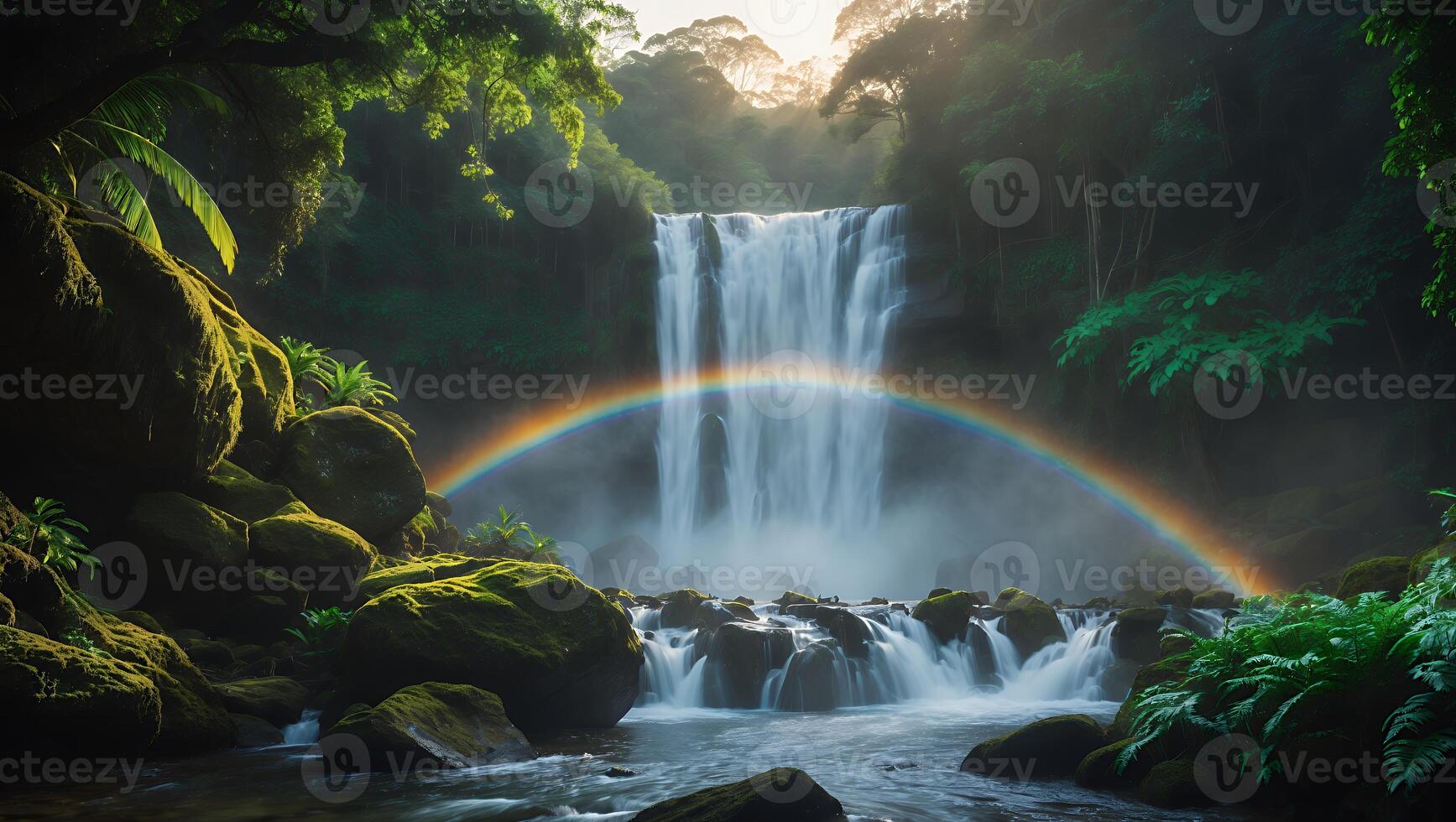 Waterfall with Rainbow in Lush Green Forest Scenery photo
