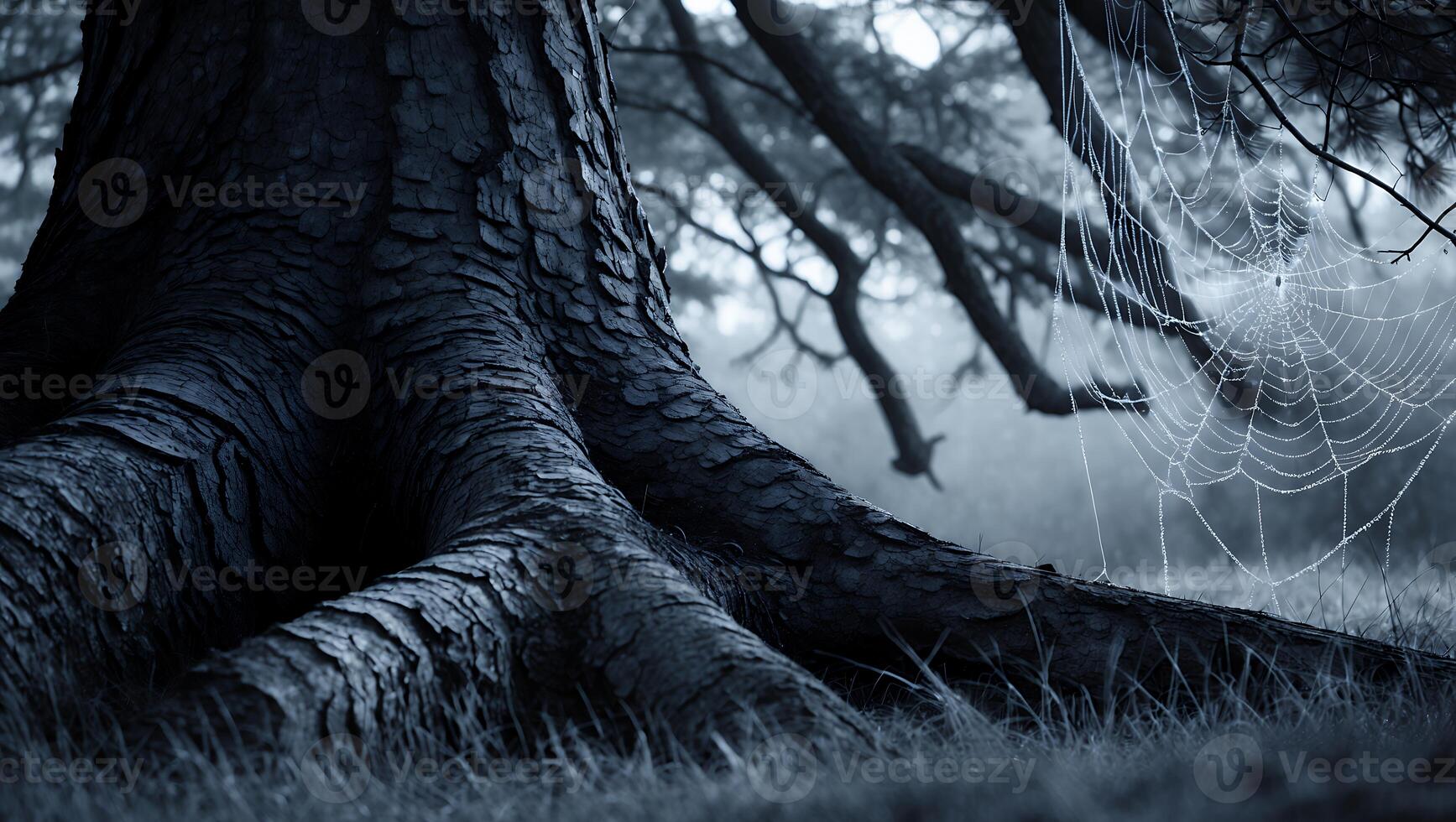 Tree Root with Spiderweb in Foggy Forest photo