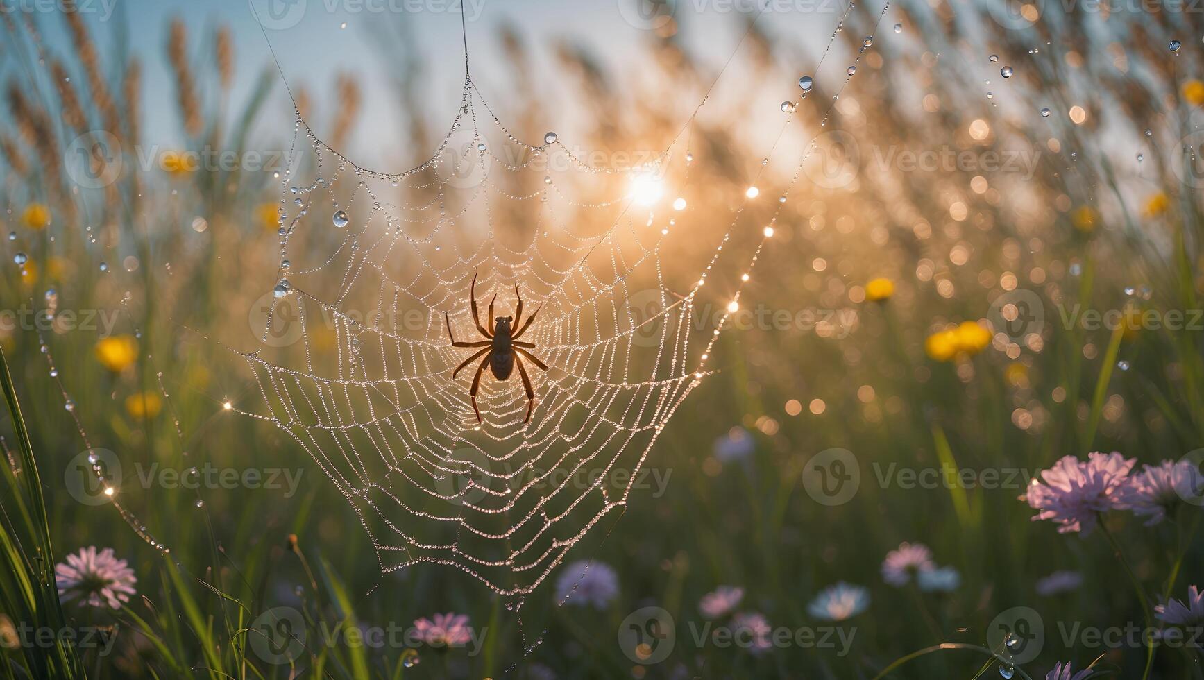Spider in Dew Covered Web Against Sunny Meadow photo