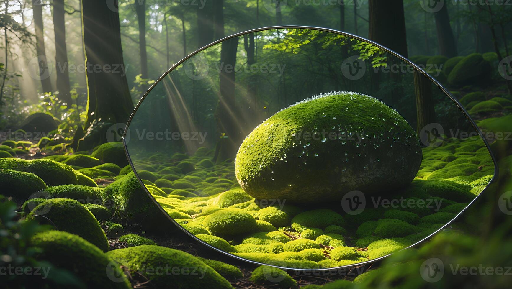 Moss Covered Rock in Forest with Sunlight photo