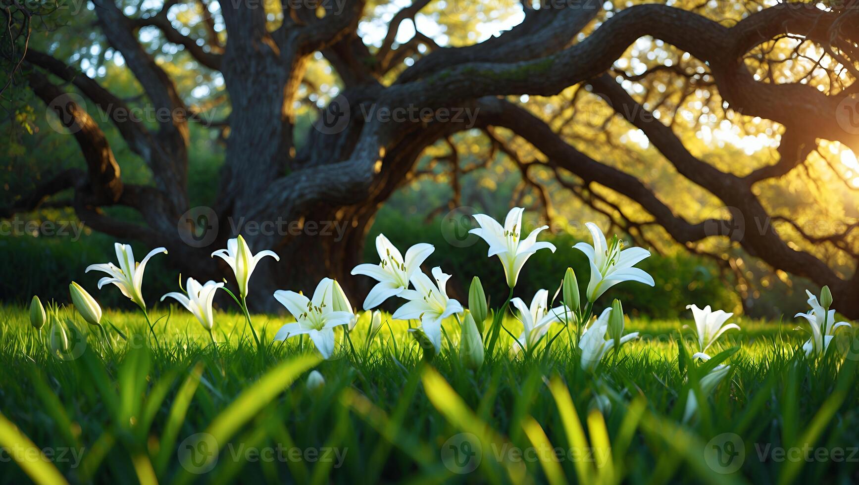 Lily Under Tree with Grass in Sunlight photo