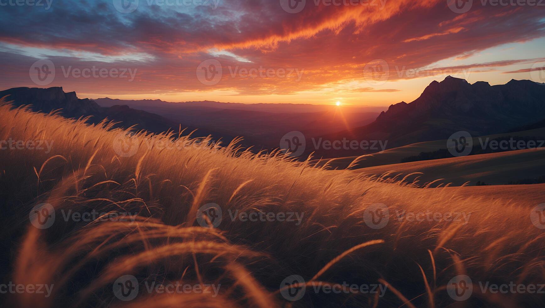 Field of Grass at Sunset Mountain Background photo