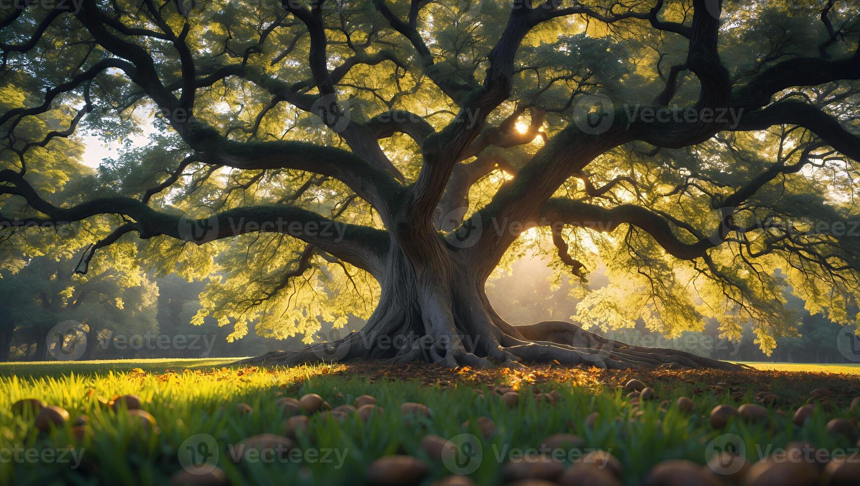 Majestic Tree Sunlight Landscape Green Field Leaves Nature photo