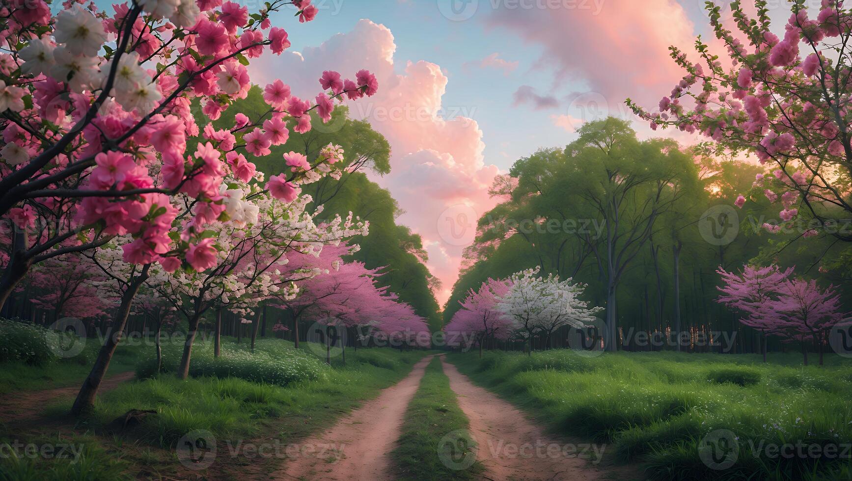 Cherry Blossom Lined Dirt Road Through Green Forest at Sunset photo