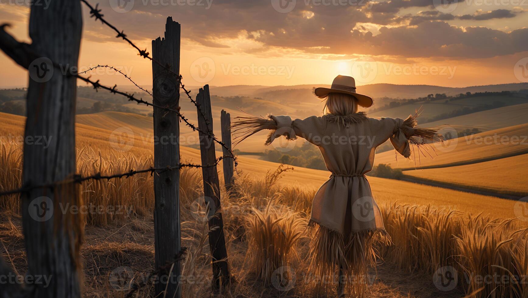 Scarecrow Stands in a Wheat Field at Sunset photo