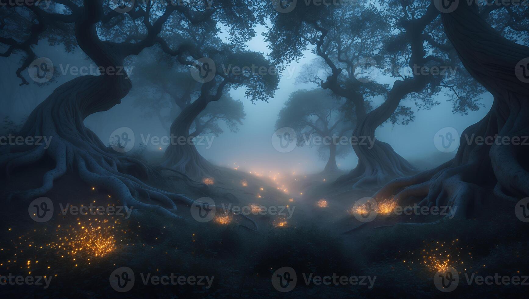 Forest with Glowing Lights in Fog photo
