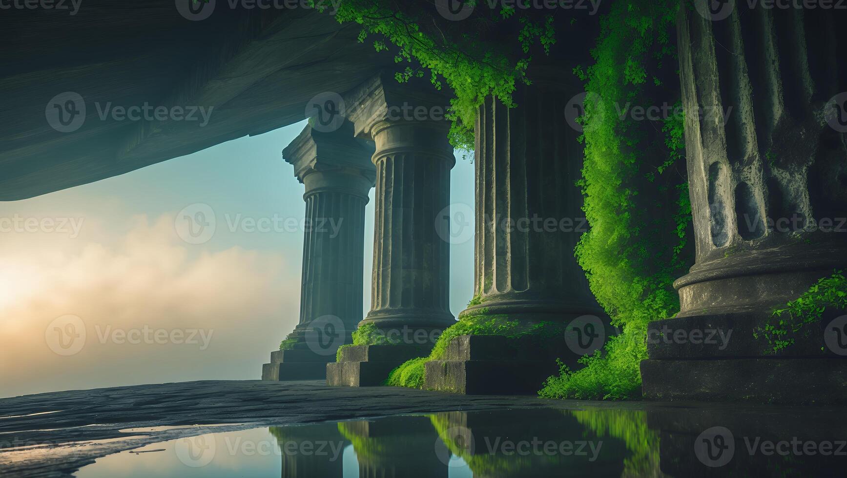Ancient Columns with Moss on Stone Platform Overlooking Foggy Landscape photo
