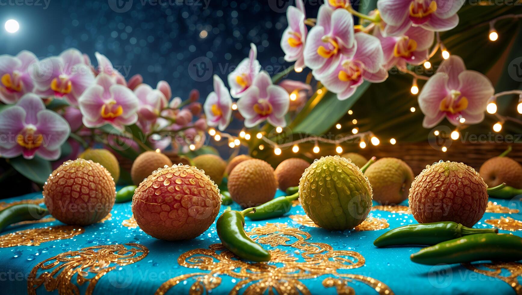 Lychee Fruit with Orchid Blossom and Chili Pepper photo