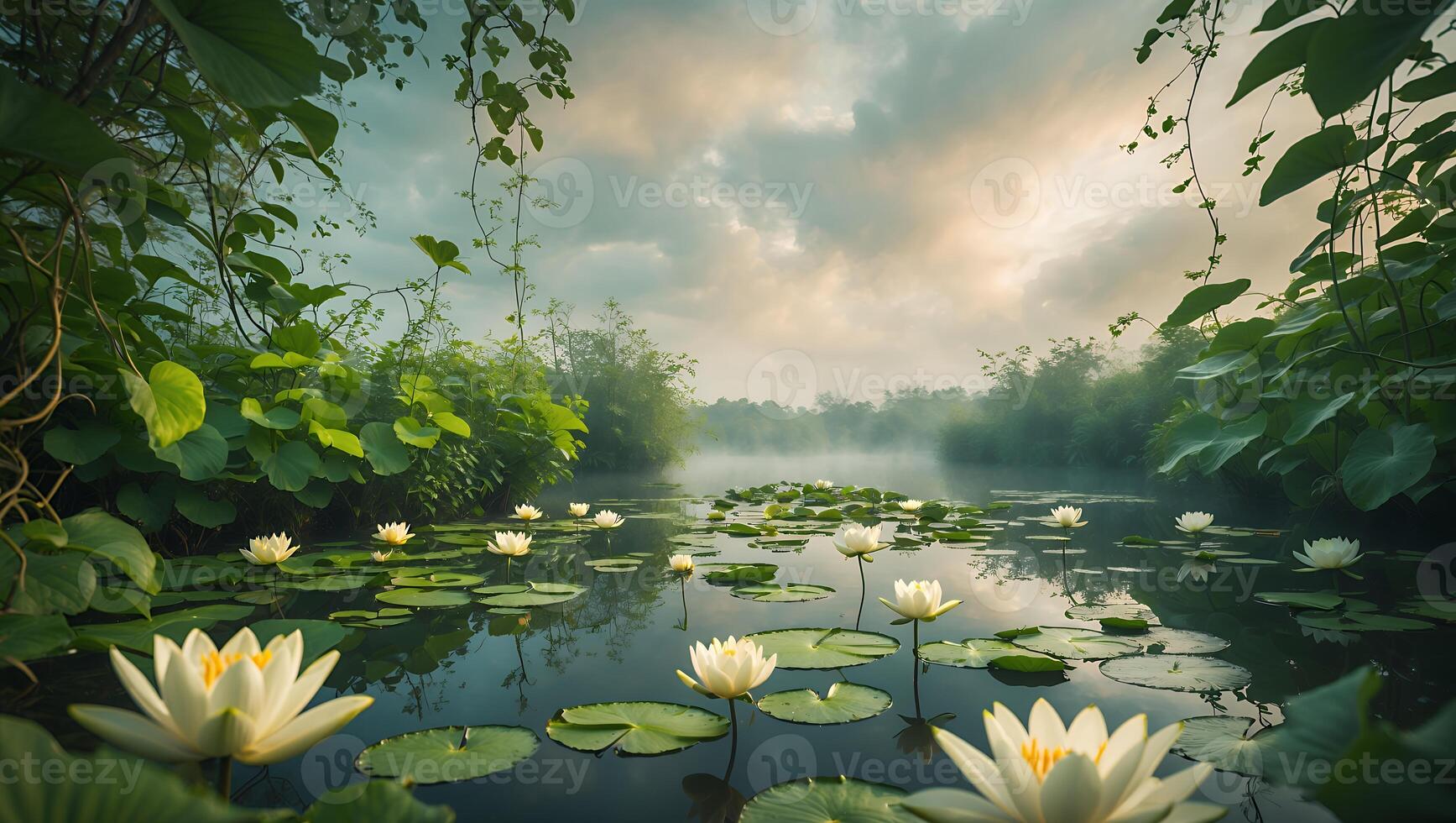 Water Lily on Lake with Mist and Greenery photo