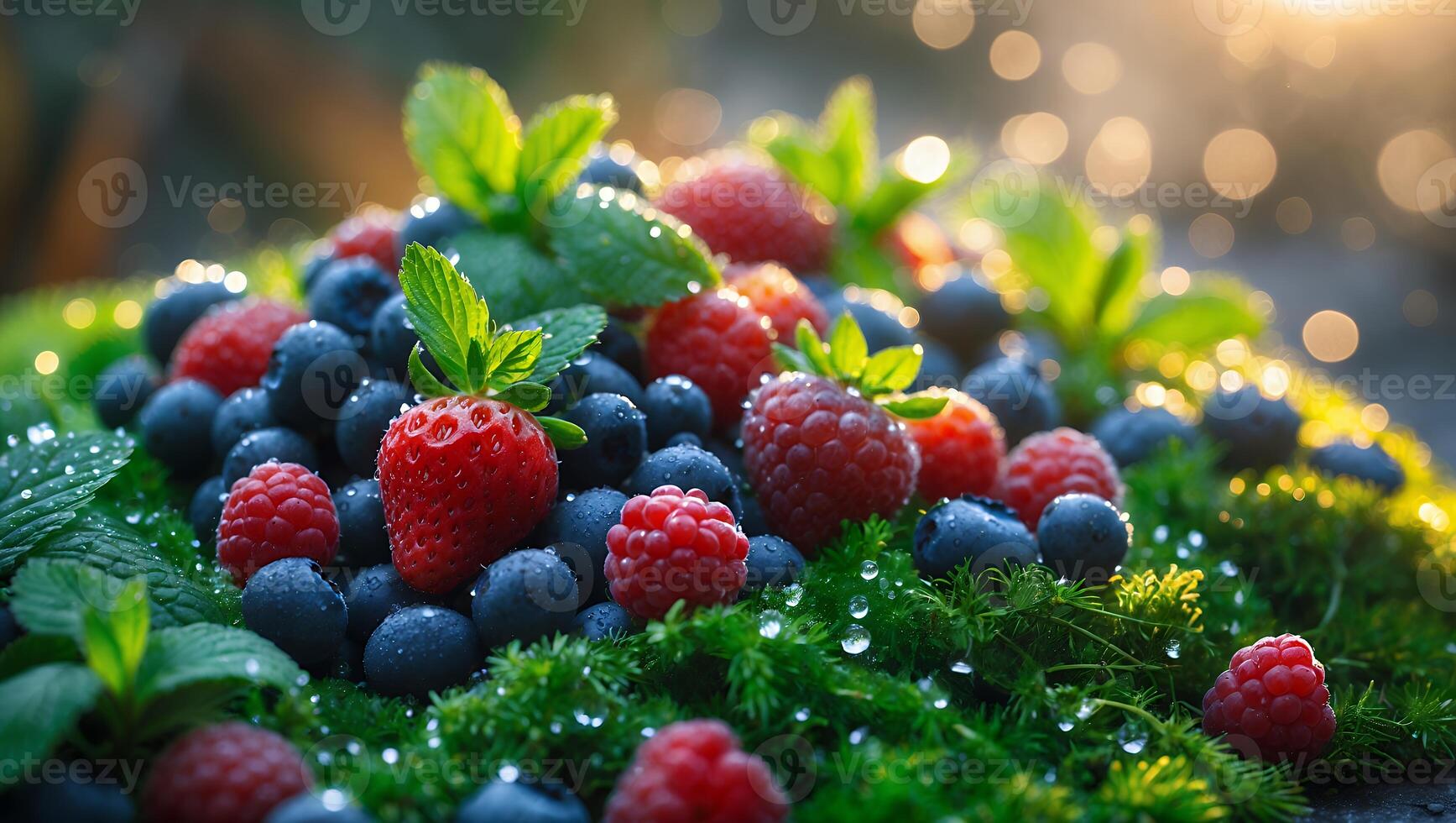 Fresh berries and blueberries on a mossy surface photo