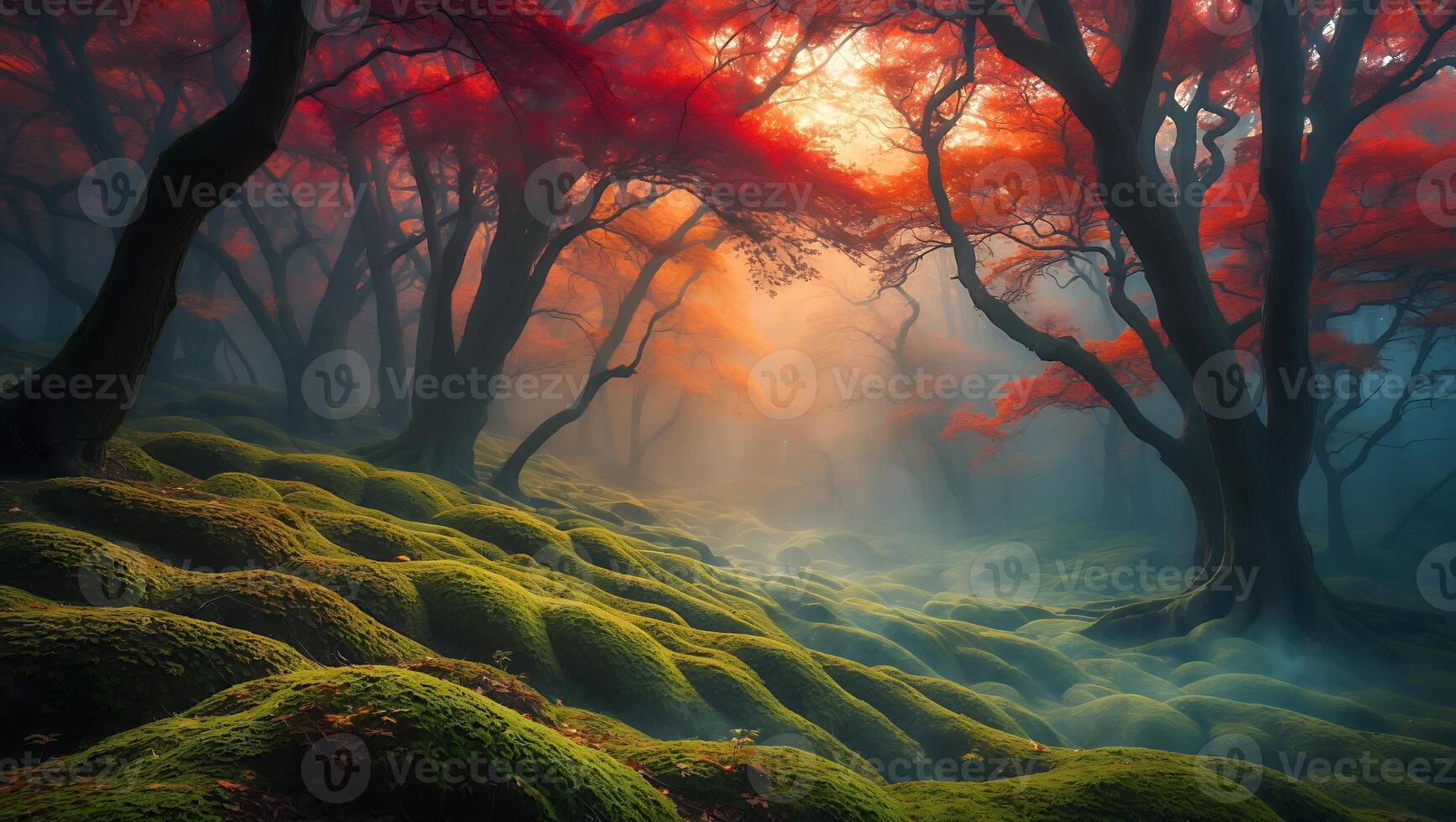 Autumn Tree in Forest with Mossy Ground and Fog photo