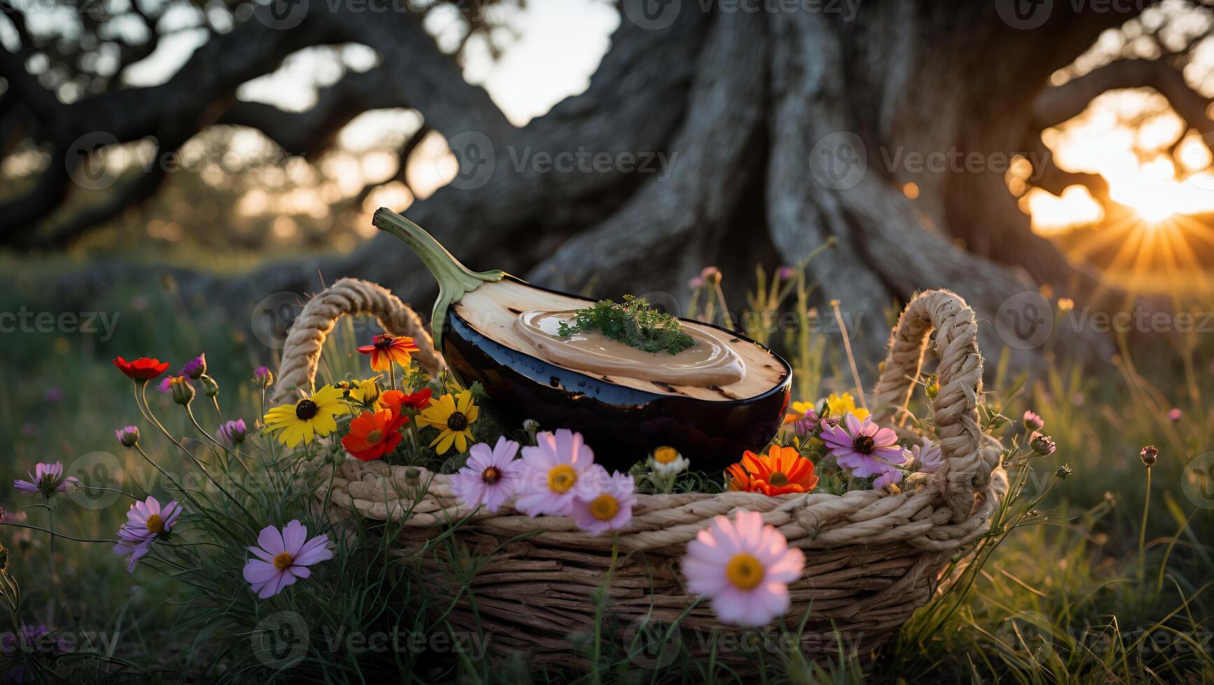 Eggplant Filled with Sauce in Flower Basket Near Tree photo